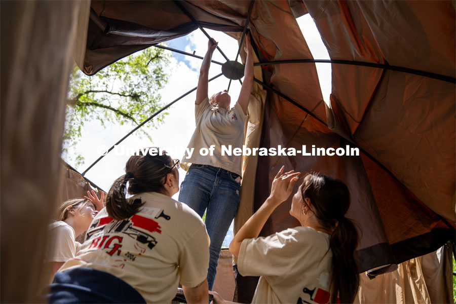 Members of Tri Delta hold a ladder steady while Rachel Nelson pulls the roof of a pergola over the top during the Big Event. May 4, 2024. Photo by Kirk Rangel for University Communication.